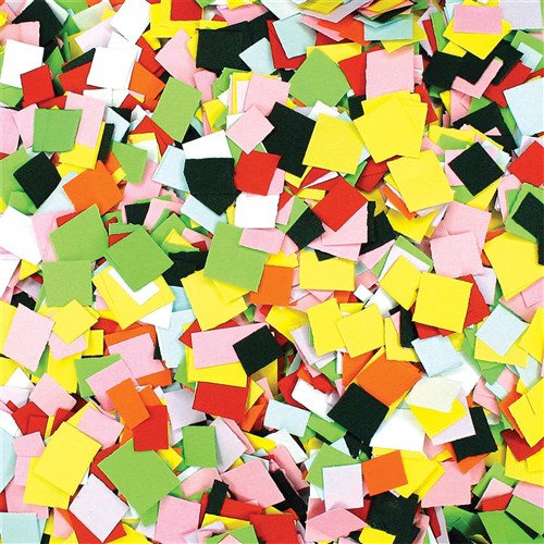 Brightly colored paper confetti background featuring red, yellow, blue,  green, orange, and bright pink carnival colors Stock Photo