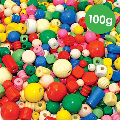 Wooden Beads - Coloured - 100g Pack