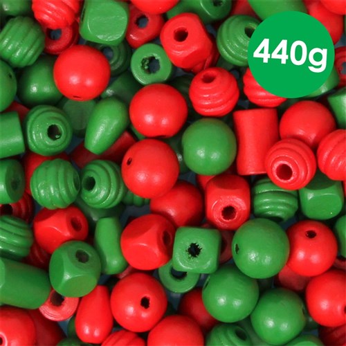 Christmas Wooden Beads - Red & Green - 440g Pack